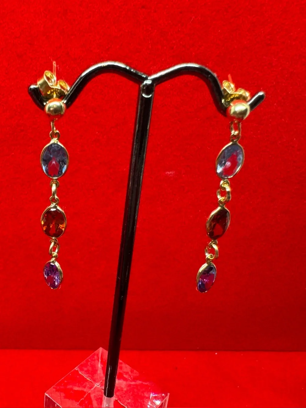 14k Gold Multistone Drop Earrings with Blue, Red and Purple Gemstones